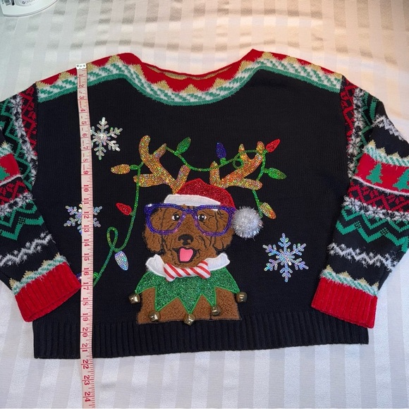 33 Degrees Christmas Sweater Sz XS Brown Dog Graphic Ugly Sequins Jingle - Picture 4 of 14